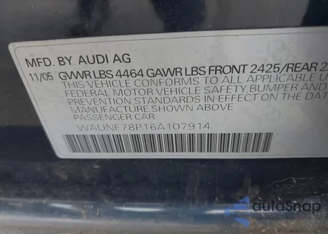 2006 Audi A3 2.0T z USA, uszkodzony, nr VIN WAUNF78P16A107914